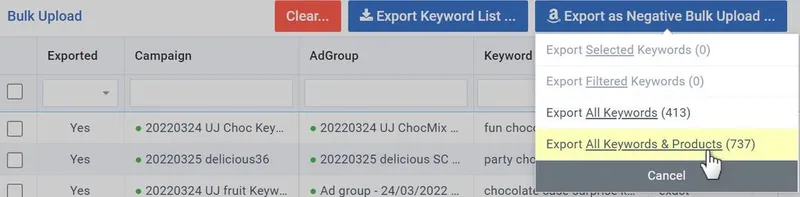 export keywords to bulk upload