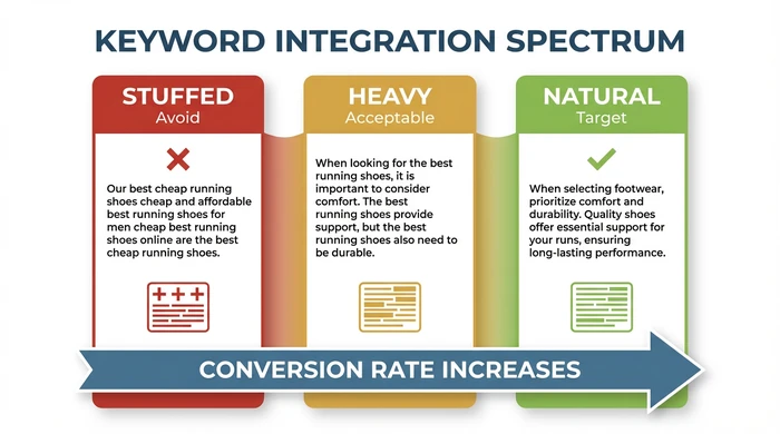 Traffic light spectrum showing keyword integration levels from stuffed to natural