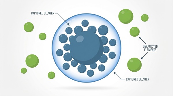 A diagram showing a central keyword trapping nearby variations inside a circle, illustrating that negative exact match blocks plurals and misspellings.