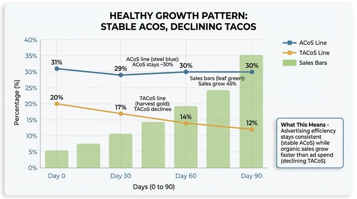 Line graph showing 90-day trend comparison where ACoS remains stable around 30 percent (steel blue line with data points at 31, 29, 30, and 30 percent) while TACoS declines from 20 percent to 12 percent (harvest gold line showing steady decrease), with background bars indicating 45 percent total sales growth, demonstrating that stable advertising efficiency combined with declining TACoS indicates advertising is successfully driving organic sales momentum