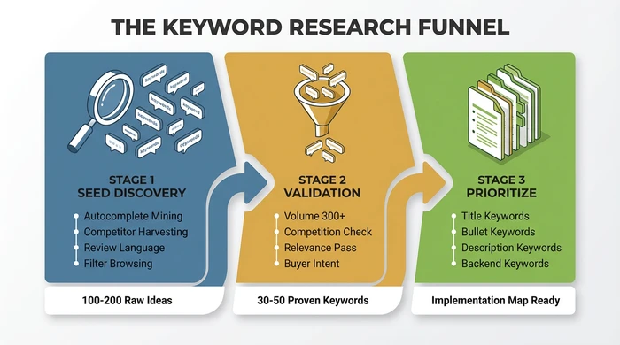 Three-panel horizontal diagram illustrating the keyword research funnel: Stage 1 Seed Discovery generating 100-200 raw ideas through autocomplete and competitor analysis, Stage 2 Validation filtering to 30-50 proven keywords using volume and relevance criteria, Stage 3 Prioritization organizing keywords into title, bullets, description, and backend placement.