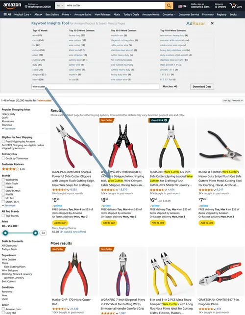 adrazor amazon keyword insights tool - search page